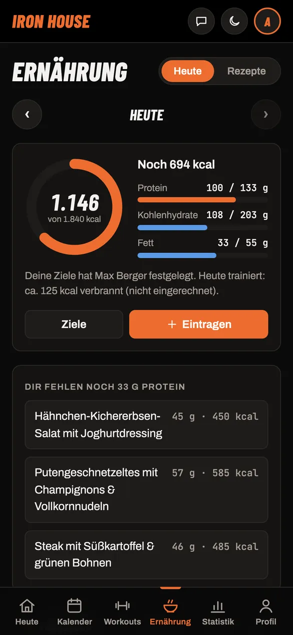 Ernährung heute: 1.146 von 1.840 kcal, Balken für Protein, Kohlenhydrate und Fett, darunter „Dir fehlen noch 33 g Protein“ mit passenden Rezepten.