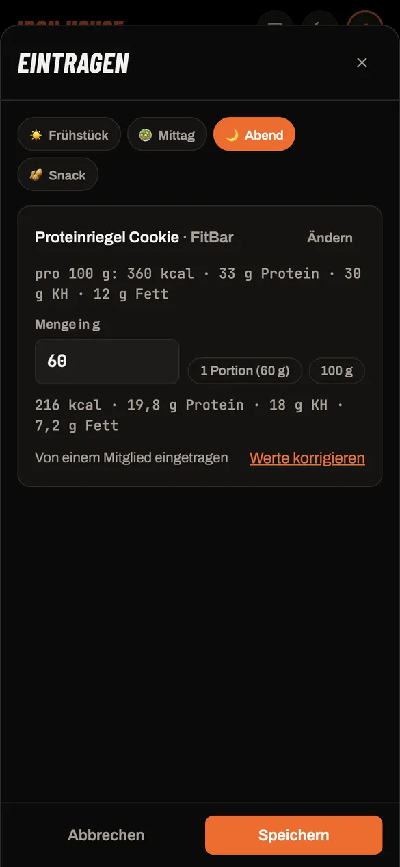 Gescannter Proteinriegel: 60 g ergeben 216 kcal und 19,8 g Protein.