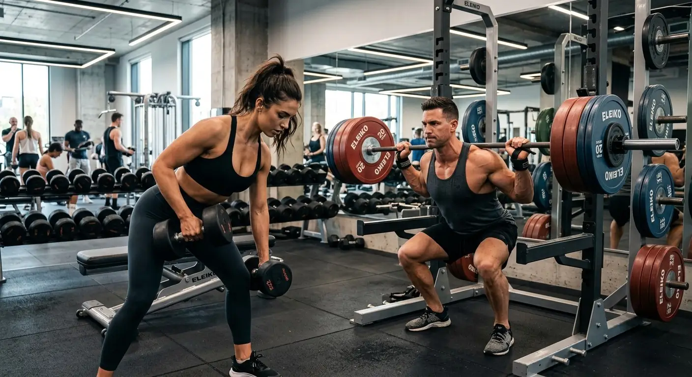 Zwei Mitglieder beim Krafttraining im Studio: Kurzhantel-Rudern und Kniebeuge an der Langhantel.